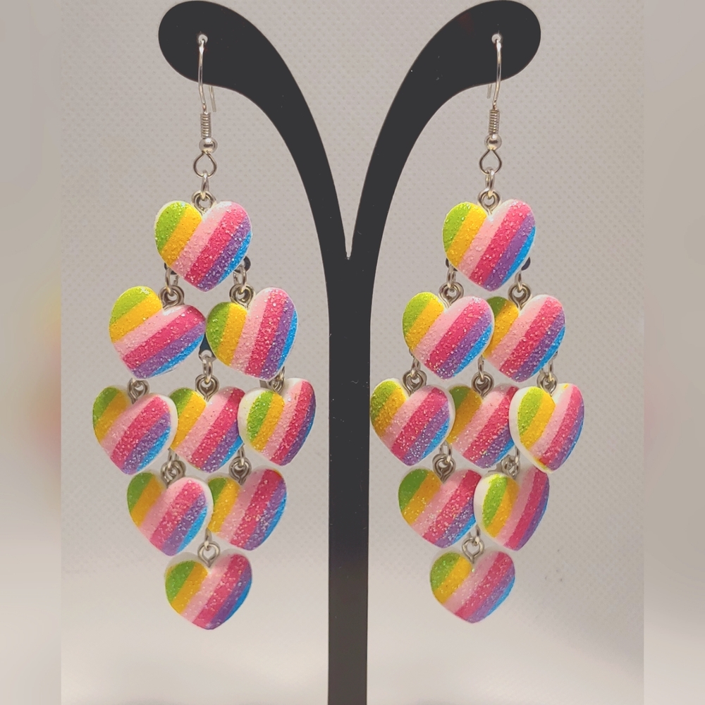 Rainbow hearts chandelier earrings